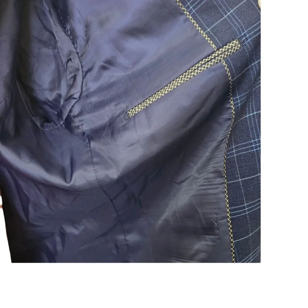 Men's Blue on Blue Plaid Custom Tailored 1 Button Sports Coat Jacket Blazer